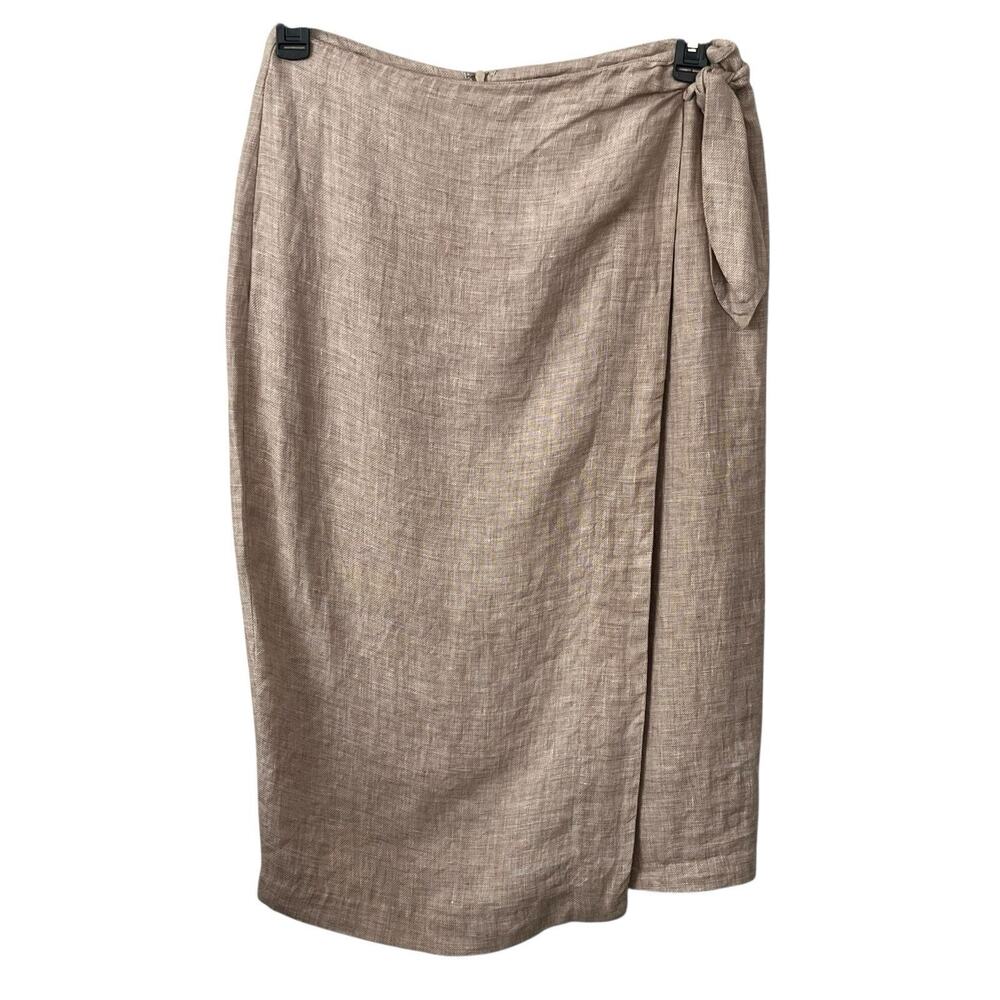 J Mclaughlin Carlie Faux Wrap Skirt Size 8 100% Linen Tan Career Modest Classic